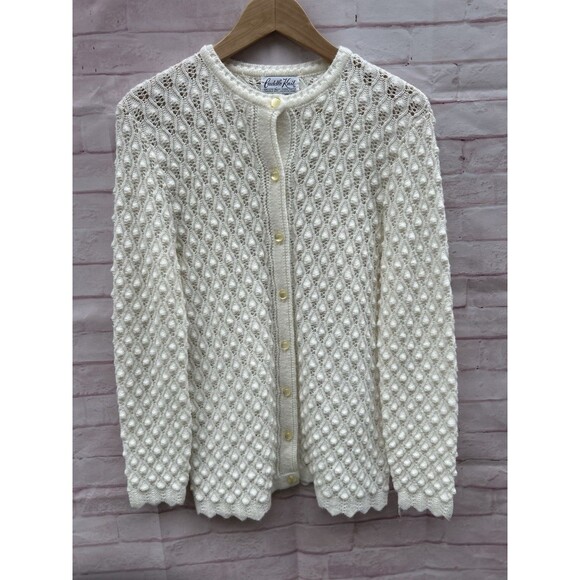Vintage 60’s Women’s MCM Textured Pearl Cardigan L/XL Cottagecore Modest - Picture 2 of 8